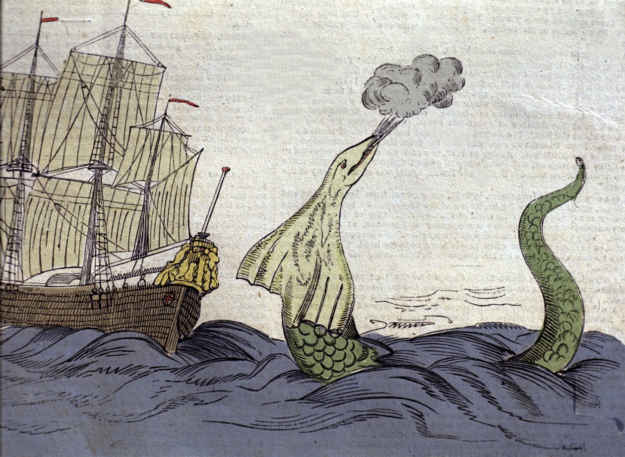 Representasjon av sjøormen sett av den norske misjonæren Hans Egede (1686-1758) under sin reise til Grønland. Gravering fra 1700-tallet av Unknown artist
