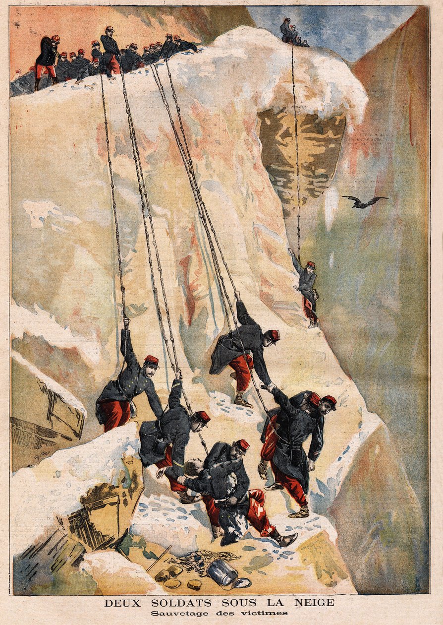 Redning av 2 soldater fra det 97. linjeregimentet, på et grenseovervåkingsoppdrag, ofre for et snøskred forårsaket av smelting av vårsnø. Gravering i "" Le petit journal"" 14.05.1894. Selvas samling. av Unknown artist