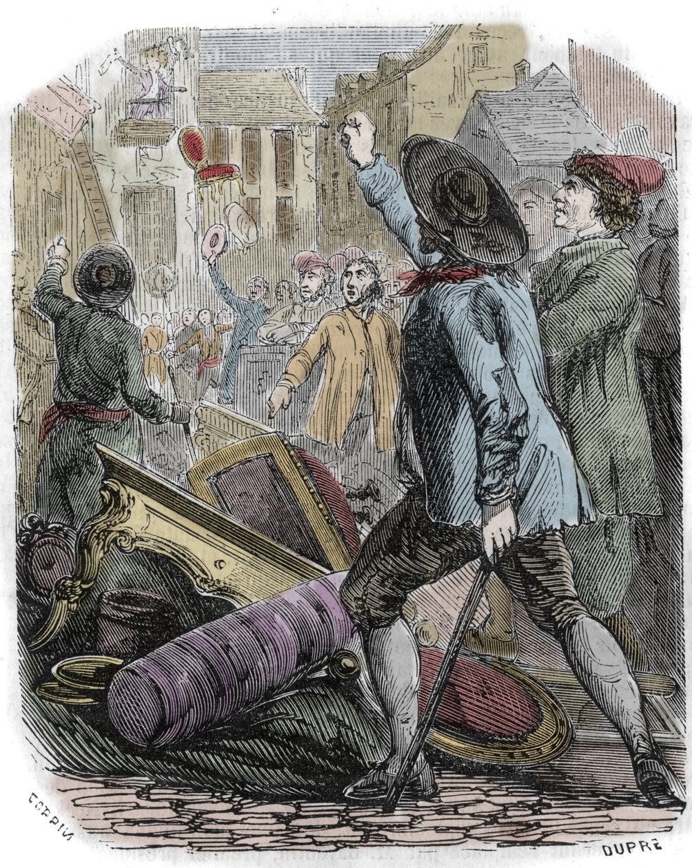 Reveillon-opptøyer skjedde mellom 26. og 29. april 1789 - Fransk revolusjon: Reveillon-affære - "" Plyndring av produksjonen av papints Jean Baptiste de Reveillon le 28. april 1789" Et parisisk opprør plyndret fabrikken som ligger rue du Faubourg saint Ant av Unknown artist