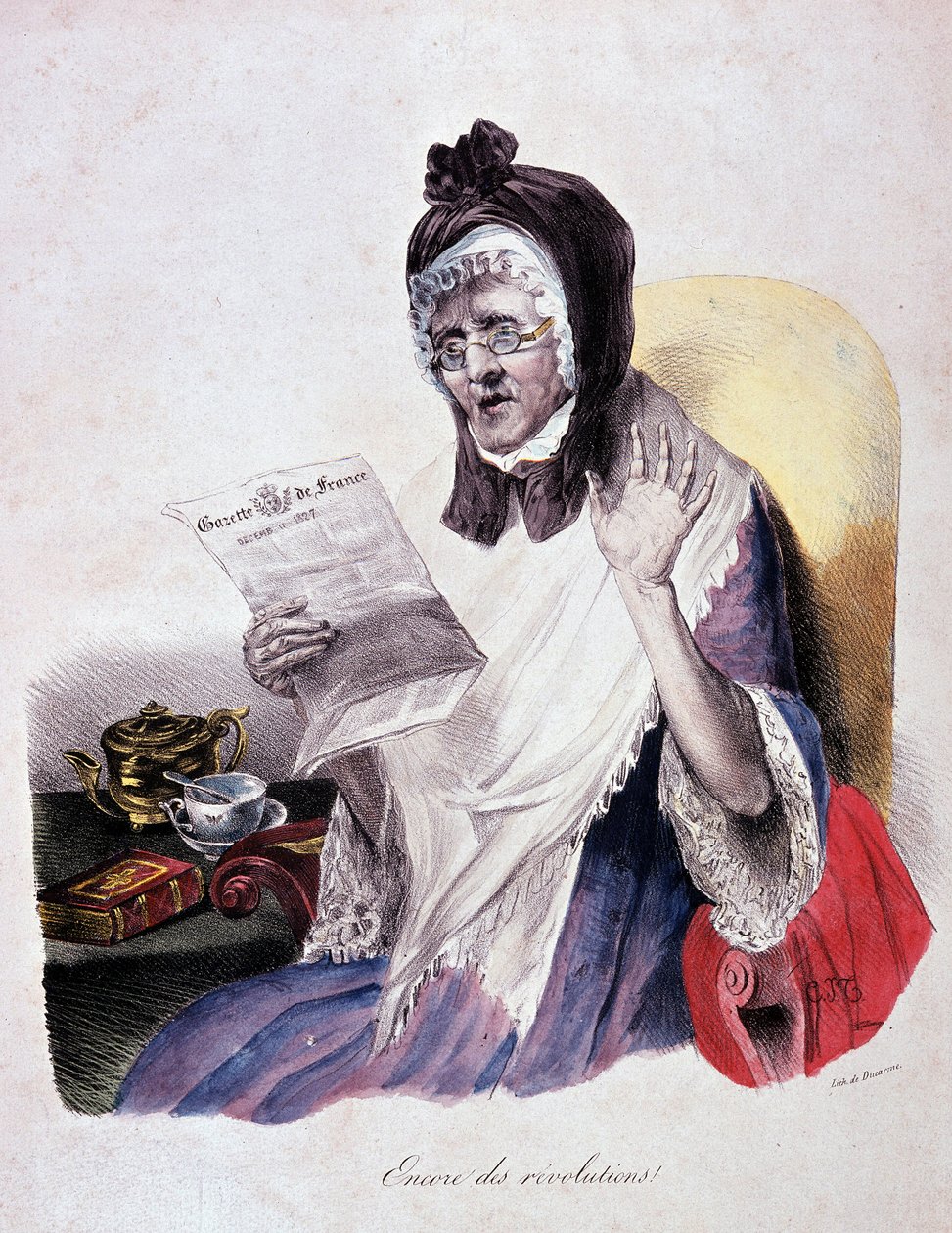 Revolution 1830: "Encore des revolutions"" roper en gammel kvinne som leser Gazette de France - gravering av Unknown artist
