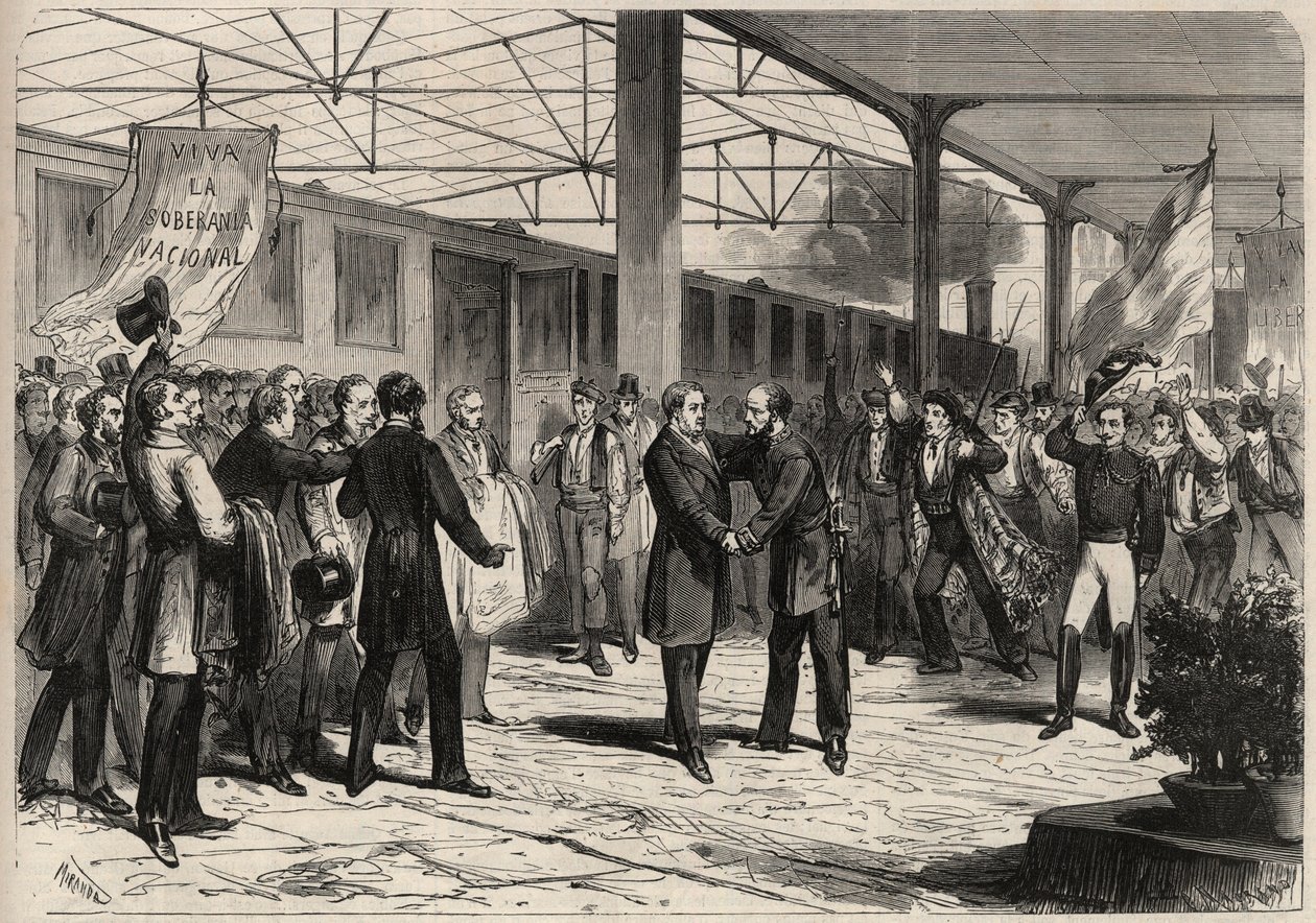 Revolusjonen i september 1868 i Spania (Gloriosa): ankommer fra Salustiano Olozaga (1805-1873) i Madrid. Gravering i "" L