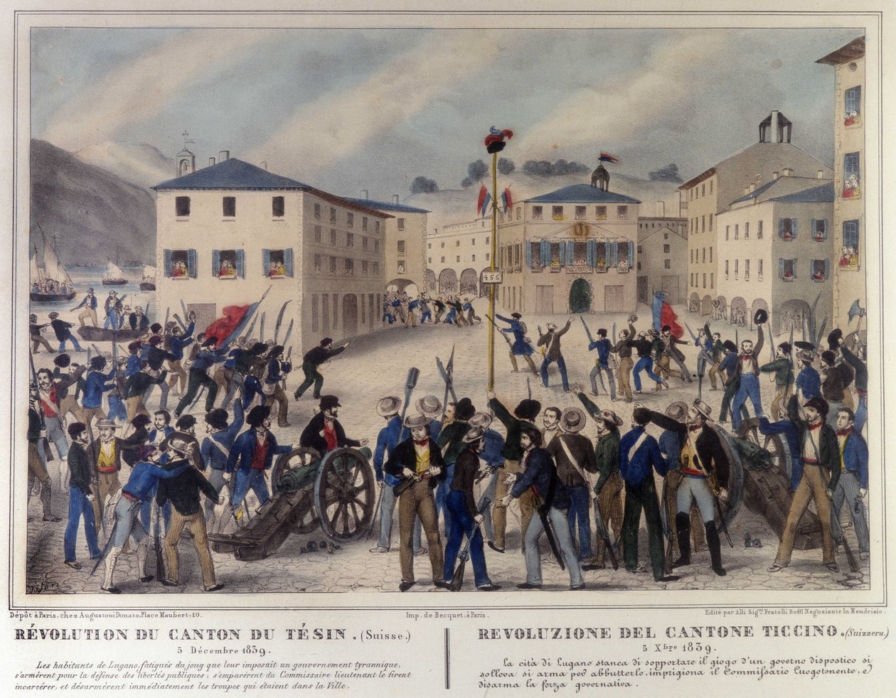 Revolusjon av kantonen Ticino i Sveits 5. desember 1859. Gravering av 1800-tallet. av Unknown artist
