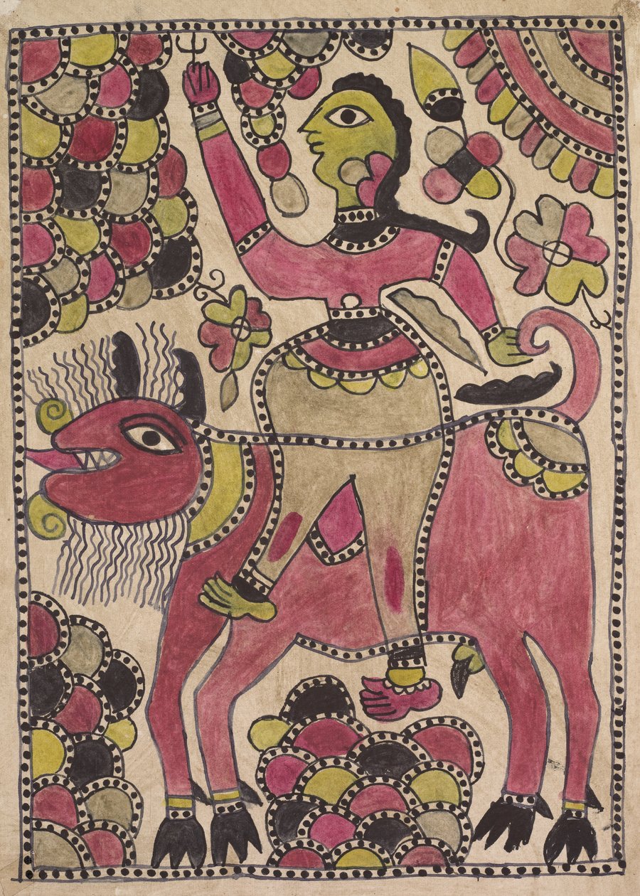 Rytter og firbeint storfe i lilla, chartreuse og svart palett av Unknown artist