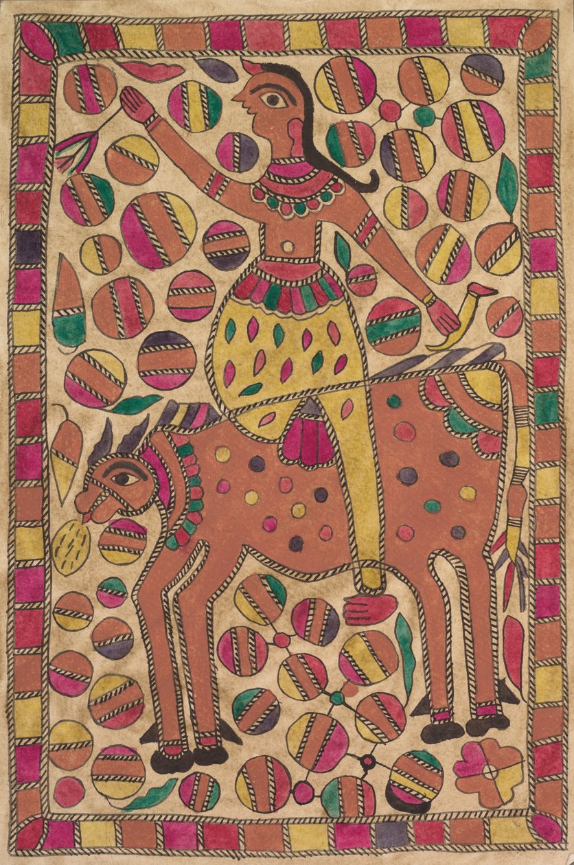 Rytter og firbeint storfe med kant av fargede firkanter av Unknown artist