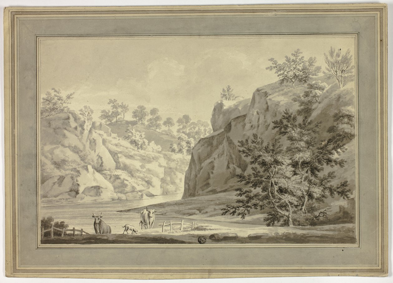 Elvelandskap med kyr og hund i forgrunnen av Unknown artist