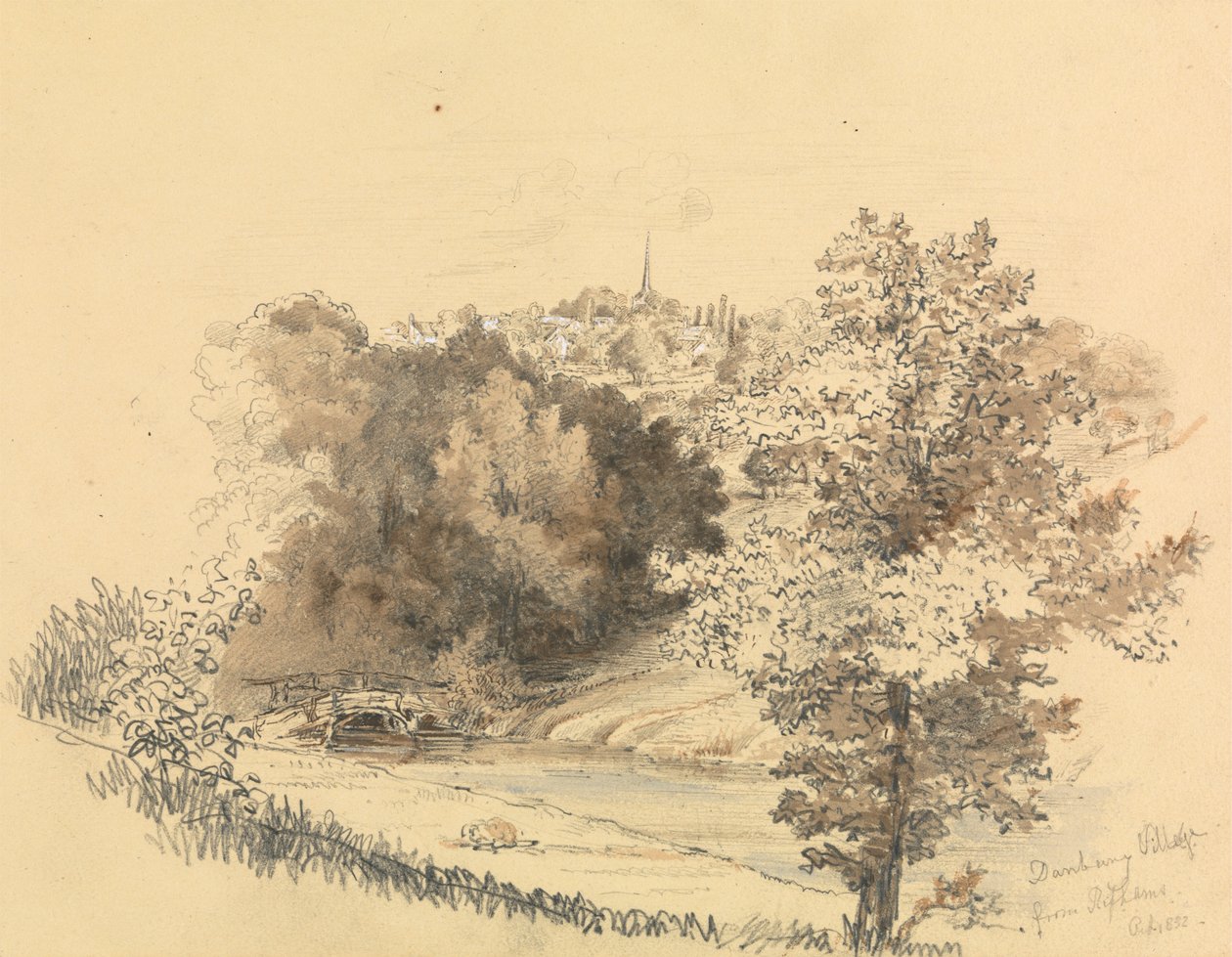 Elvelandskap med byen i det fjerne av Unknown artist