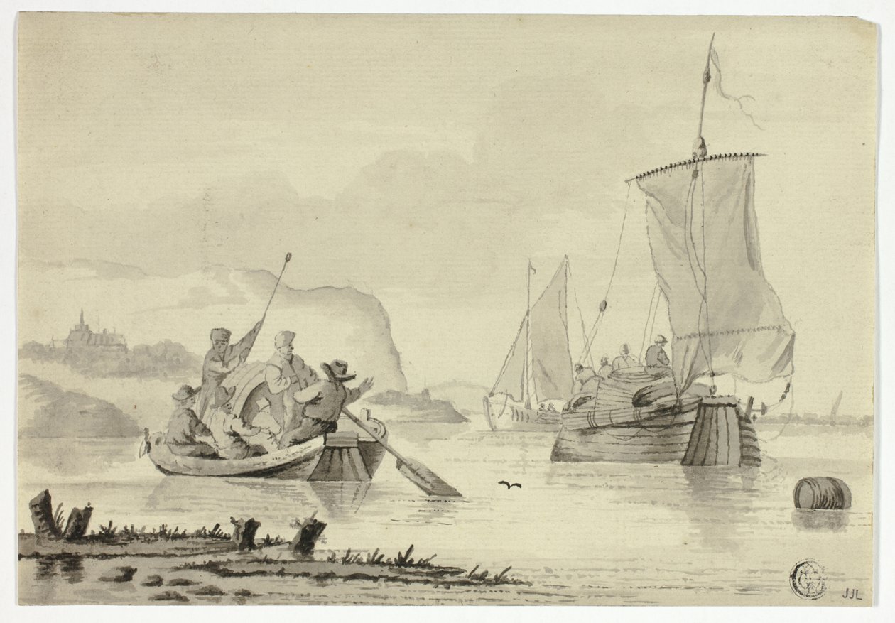 Elvescene med båter av Unknown artist