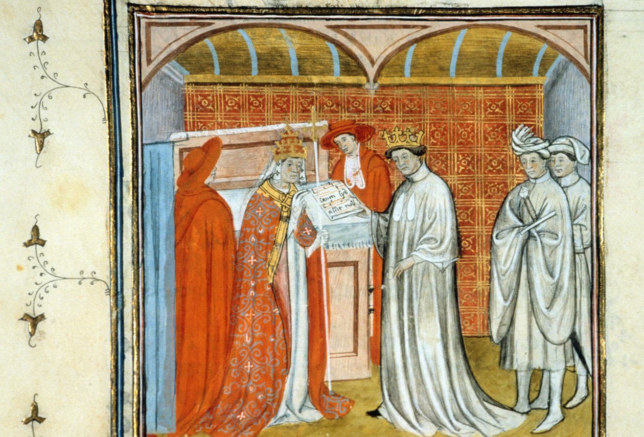 Robert II den fromme (ca. 972-1031) - Belysning av manuskript på velin fra middelalderen "" Grands Chronicles of Saint-Denis"" sent på 1300-tallet (ref. 512 av Unknown artist