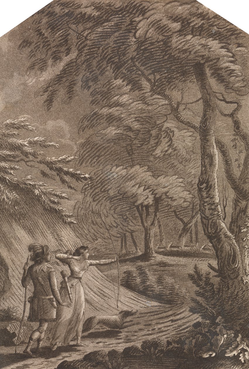 Robin Hood og Clarinda jakter hjort i et skogslandskap av Unknown artist