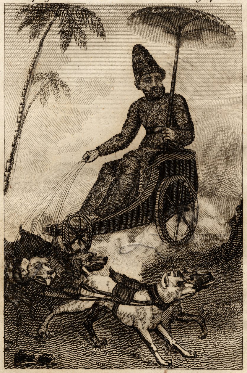 Robinson Crusoe på sin vogntog av seks doger, gravering satt inn i "Les aventures de Robinson Crusoe" av Daniel Defoe av Unknown artist