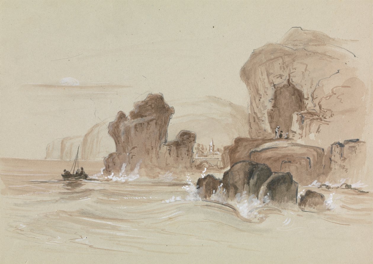 Steinete kystlinje med liten fiskebåt av Unknown artist