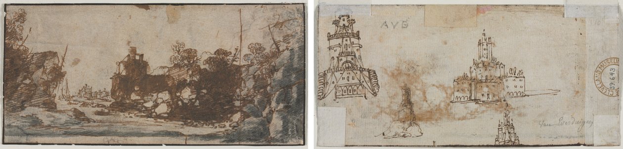 Rocky Inlet med båter og bygninger (recto); Skisser av slott (verso) av Unknown artist