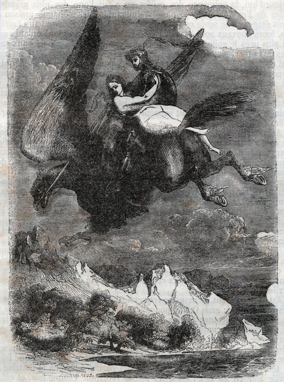 Roger (Ruggero, Ruggiero) og Angelique (Angelica) på flodhesten - gravering fra 1851 fra "" Roland furieux"" (1500-tallet) av Ludovico Ariosto, kjent som Ariosto - Utgave oversatt fra italiensk av greven av Tressan og publiserer av Unknown artist