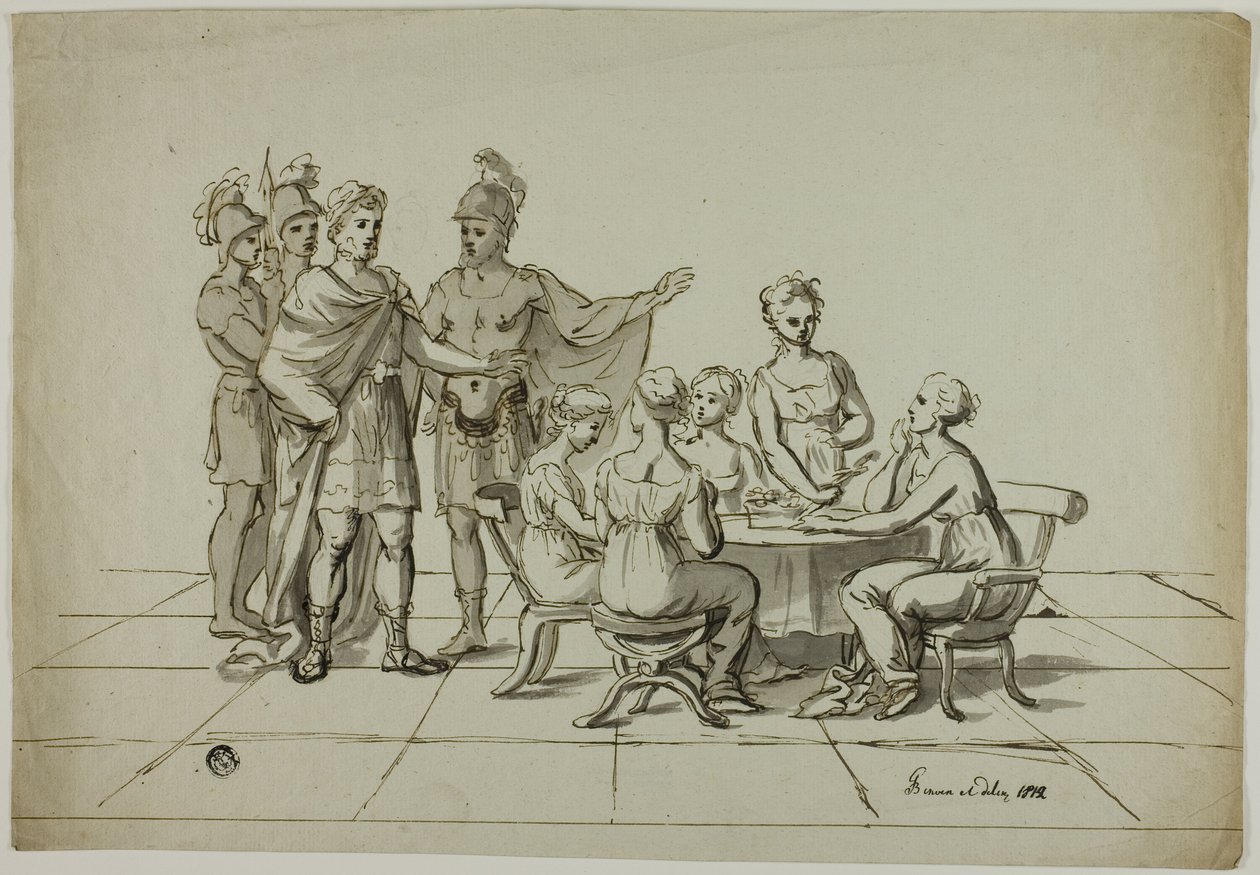 Romersk keiser nærmer seg gruppe kvinner som sitter ved bordet av Unknown artist