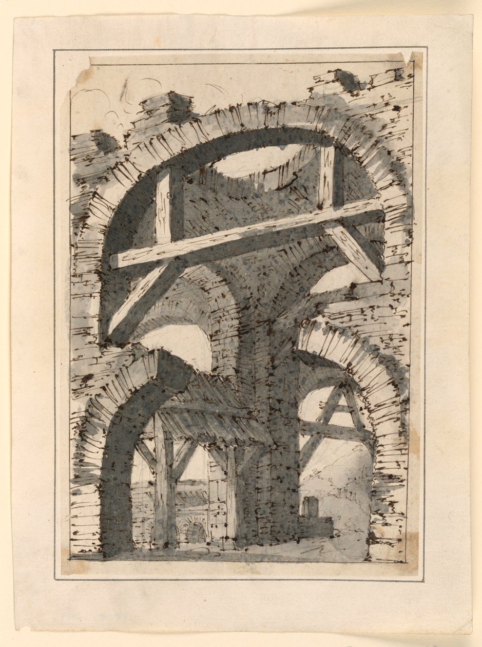 Grove steinbuer forsterket av trebjelker av Unknown artist