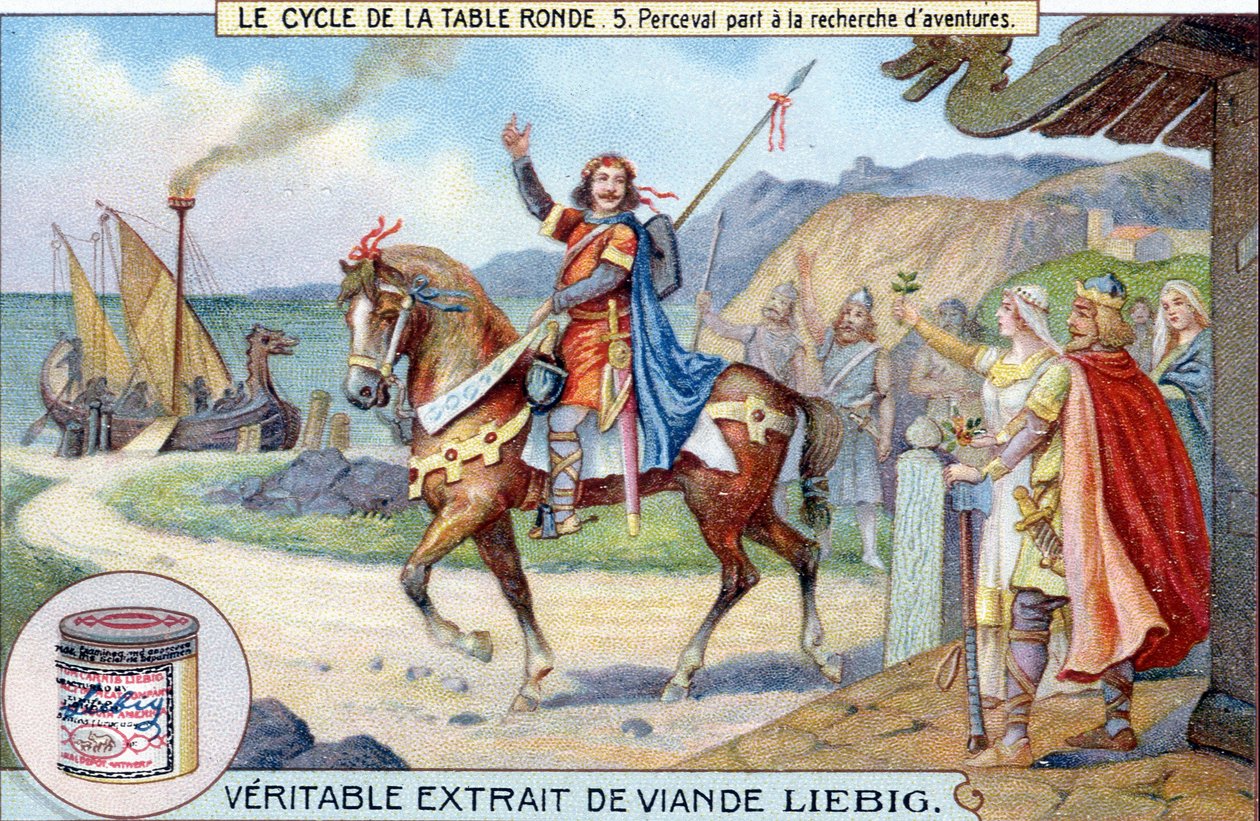 Round table cycle (5): Perceval går på jakt etter eventyr, Liebig Chromolithography, sd. 1800-tallet av Unknown artist