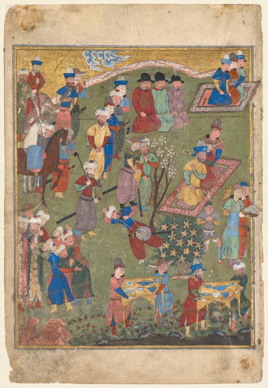 Kongelig mottakelse i et landskap, venstre folio fra den doble frontispicen til en Shahnama (Kongenes bok) av Firdausi (persisk, ca. 940–1019 eller 1025) av Unknown artist