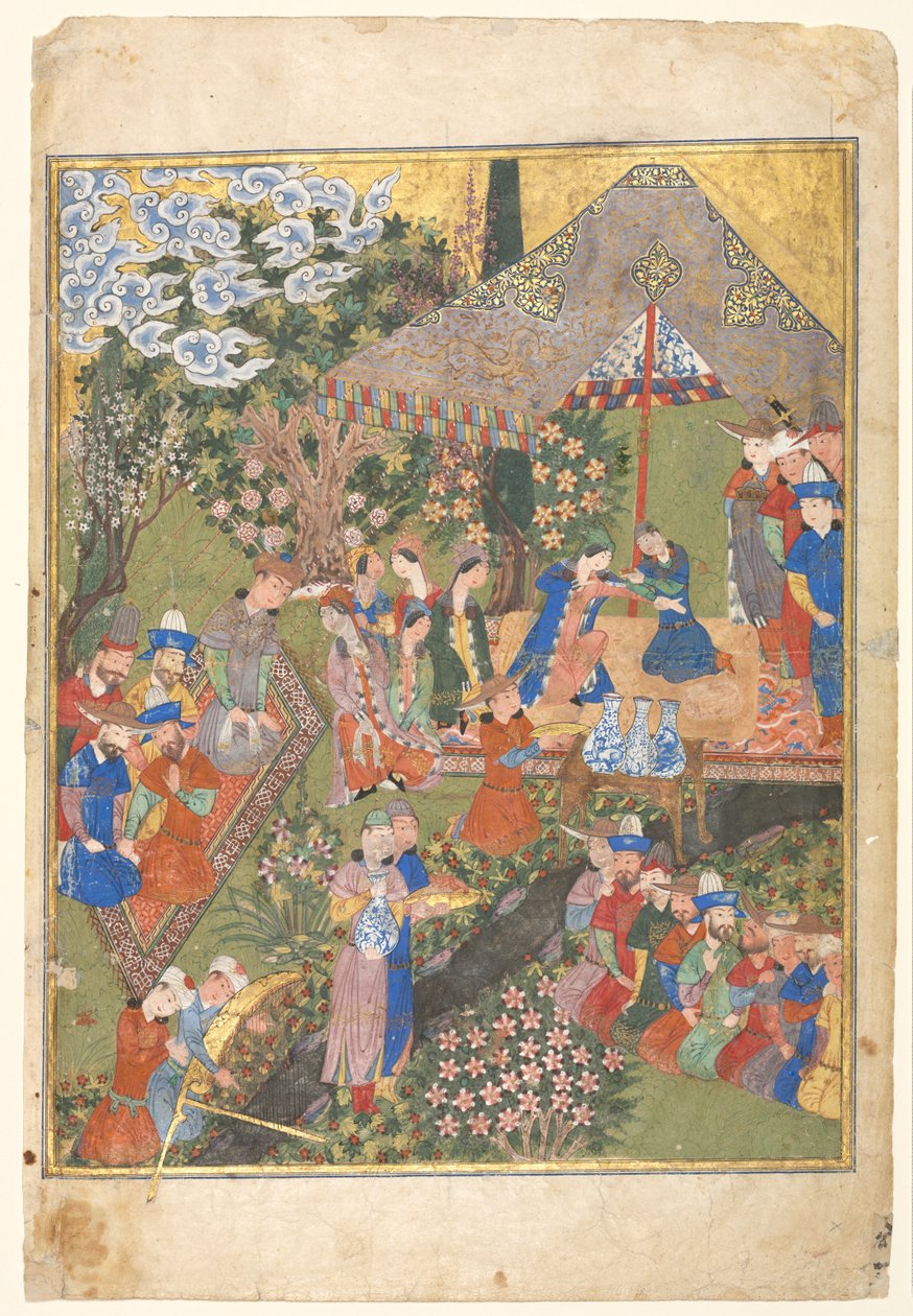 Kongelig mottakelse i et landskap, høyre folio fra en tosidet forside av en Shahnama (Kongenes bok) av Firdausi (940–1019 eller 1025) av Unknown artist