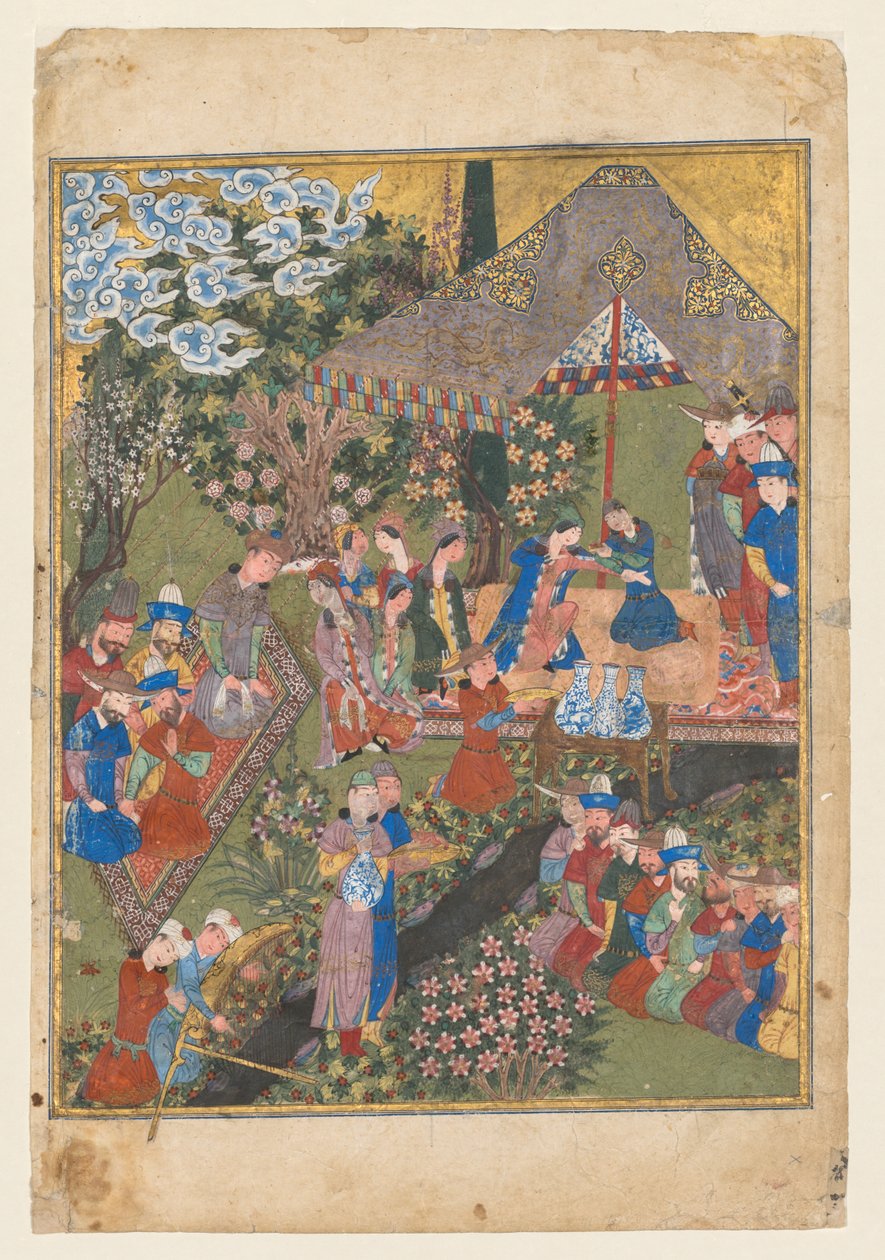 Kongelig mottakelse i et landskap, høyre folio fra den doble frontispicen til en Shahnama (Kongenes bok) av Firdausi (persisk, ca. 940–1019 eller 1025) (verso) av Unknown artist