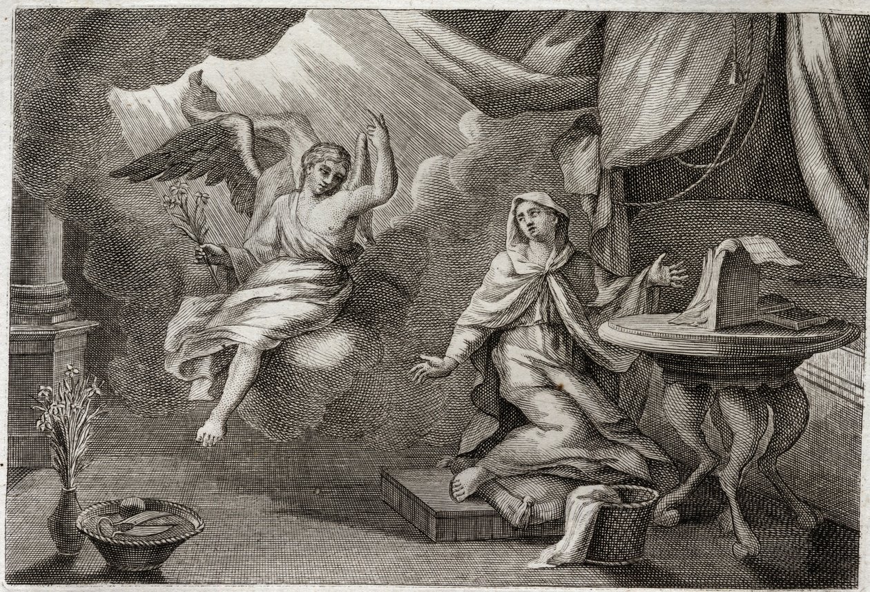 Royaumont Bibelen, Det nye testamente: Jomfruens kunngjøring. Erkeengelen Gabriel har kommet for å levere et budskap til Maria. Illustrasjon fra 1811. av Unknown artist