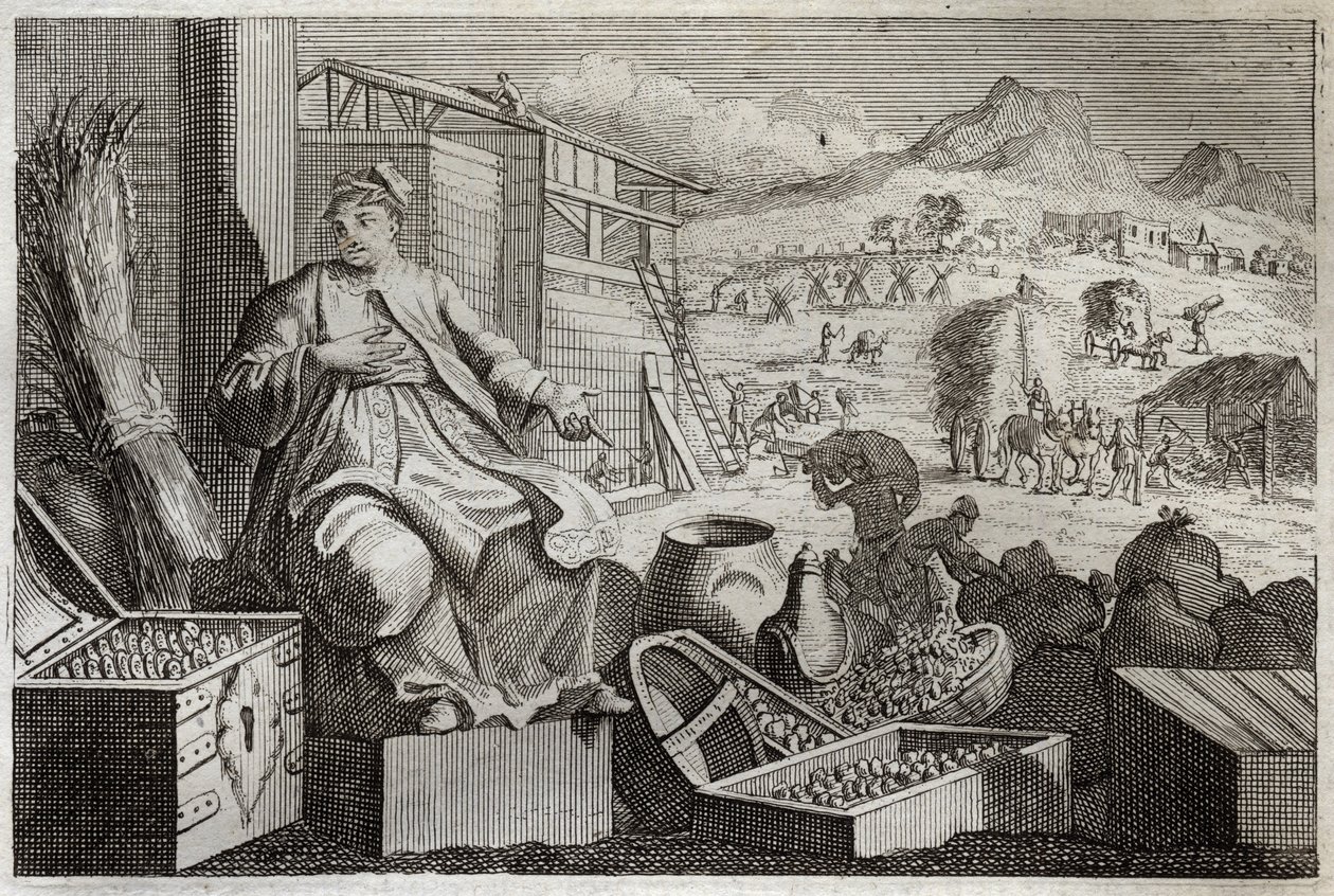 Royaumont Bibelen, Det nye testamente: Rikdomsgalskap eller lignelsen om den rike mannen. Jesus Kristus taler mot forfengeligheten til en rik mann, som applauderte seg selv i sine store eiendeler, og døde neste natt. Illustrasjon fra 1811. av Unknown artist