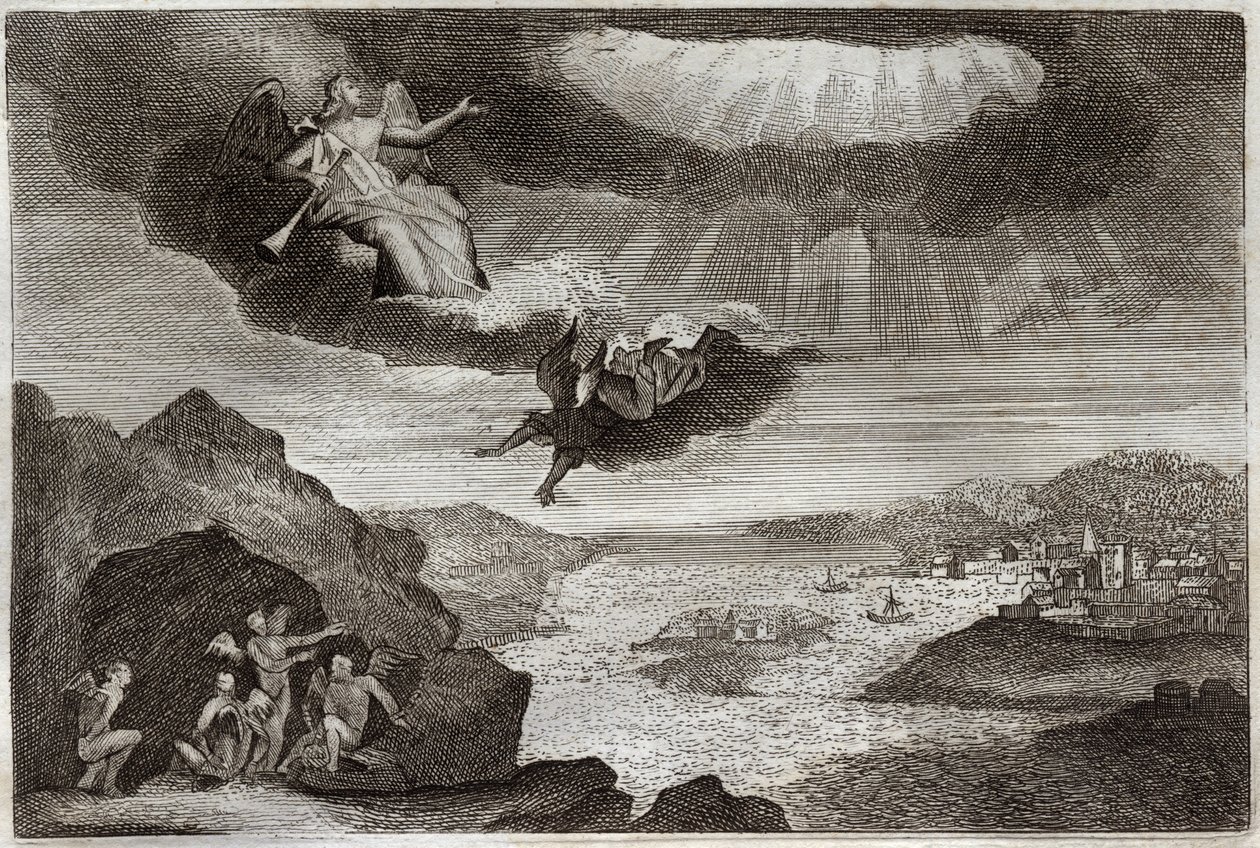 Royaumont Bibelen, Det nye testamente: Åpenbaringens femte og sjette trompet. Gresshoppene og de fire englene. Illustrasjon fra 1811. av Unknown artist