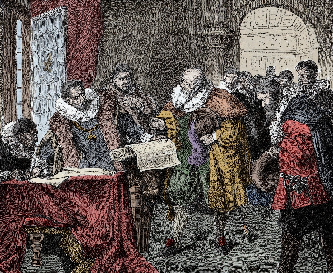 Rudolf II gir majestetsbrevet - Keiser Rodolf II av Østerrike (1552-1612) gir majestetsbrevet i 1609 (religionsfrihet til kongeriket Boheme) av Unknown artist