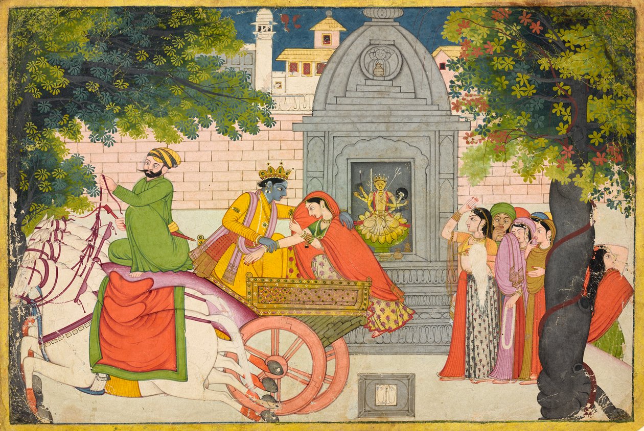 Rukmini stikker av med Krishna, folio fra en <em>Bhagavata Purana</em> av Unknown artist