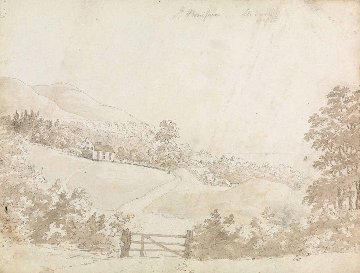 Landlig landskap med hus, Isle of Wight av Unknown artist
