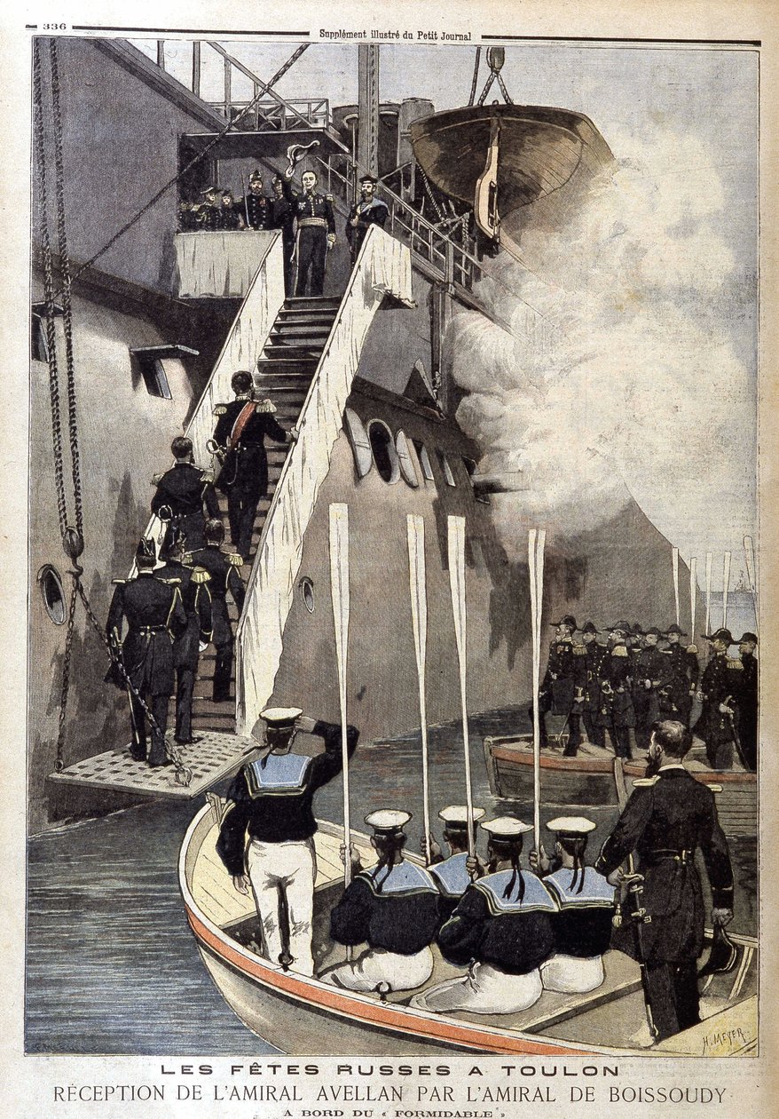 Russiske festligheter i Toulon: Admiral Avellans mottakelse av admiral de Boissoudy ombord på Formidable, i «The Petity Journal» 21. oktober av Unknown artist