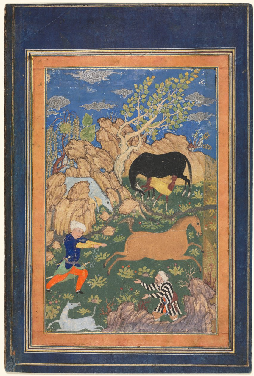 Rustam Lassoing sin hest, Rakhsh, i et landskap (recto) av Unknown artist