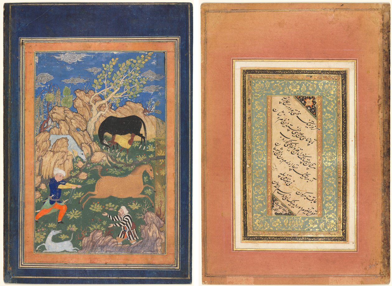 Rustam Lassoing sin hest, Rakhsh, i et landskap (recto); Kalligrafi, persiske vers (verso) av Unknown artist