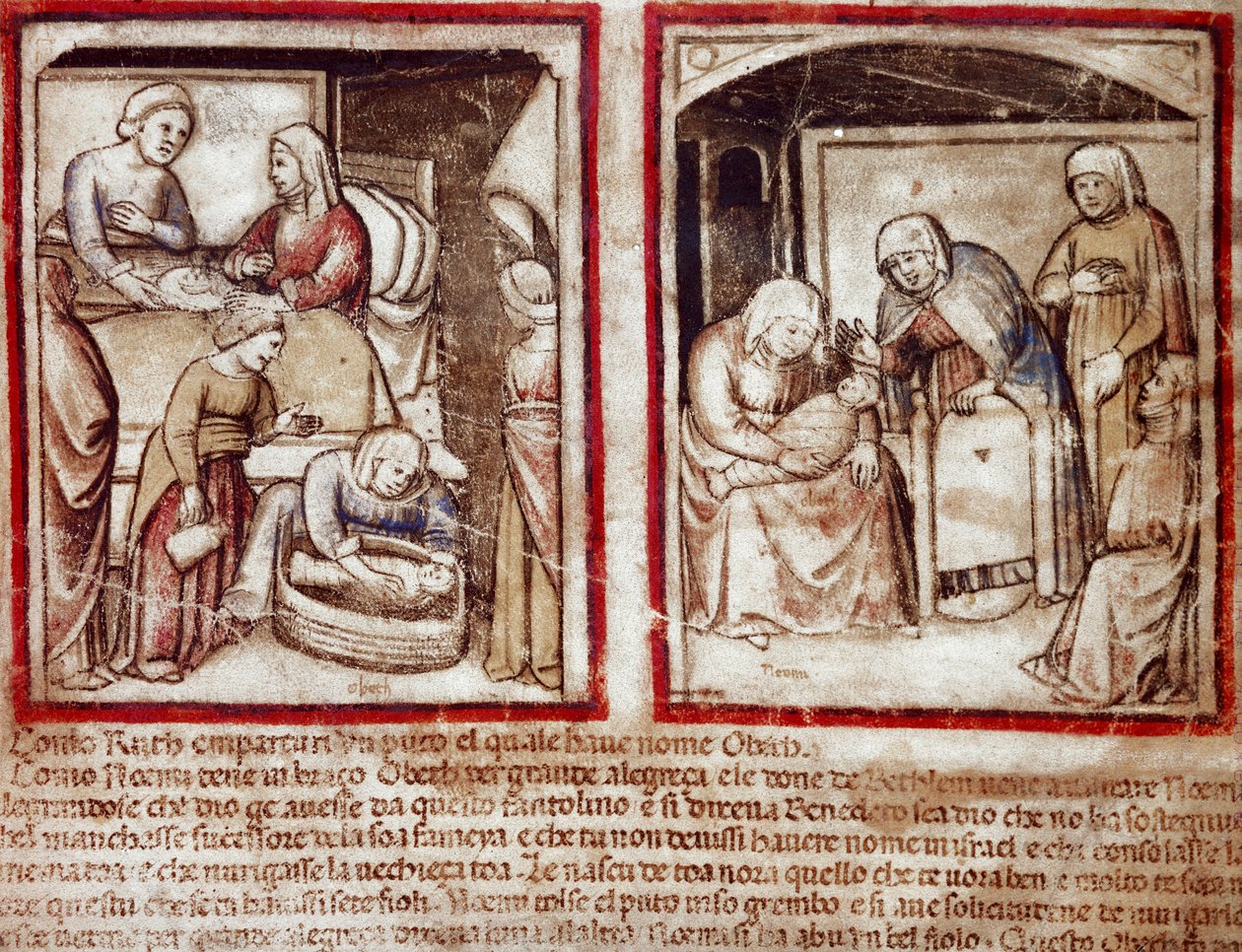 Ruth føder Obed (Obeth) sønn av Boaz (Boaz) miniatyr fra Codex 212 (eller Padovan Codex eller Bible of Padua) 1390-1400 Rovigo, Accademia dei Concordi av Unknown artist