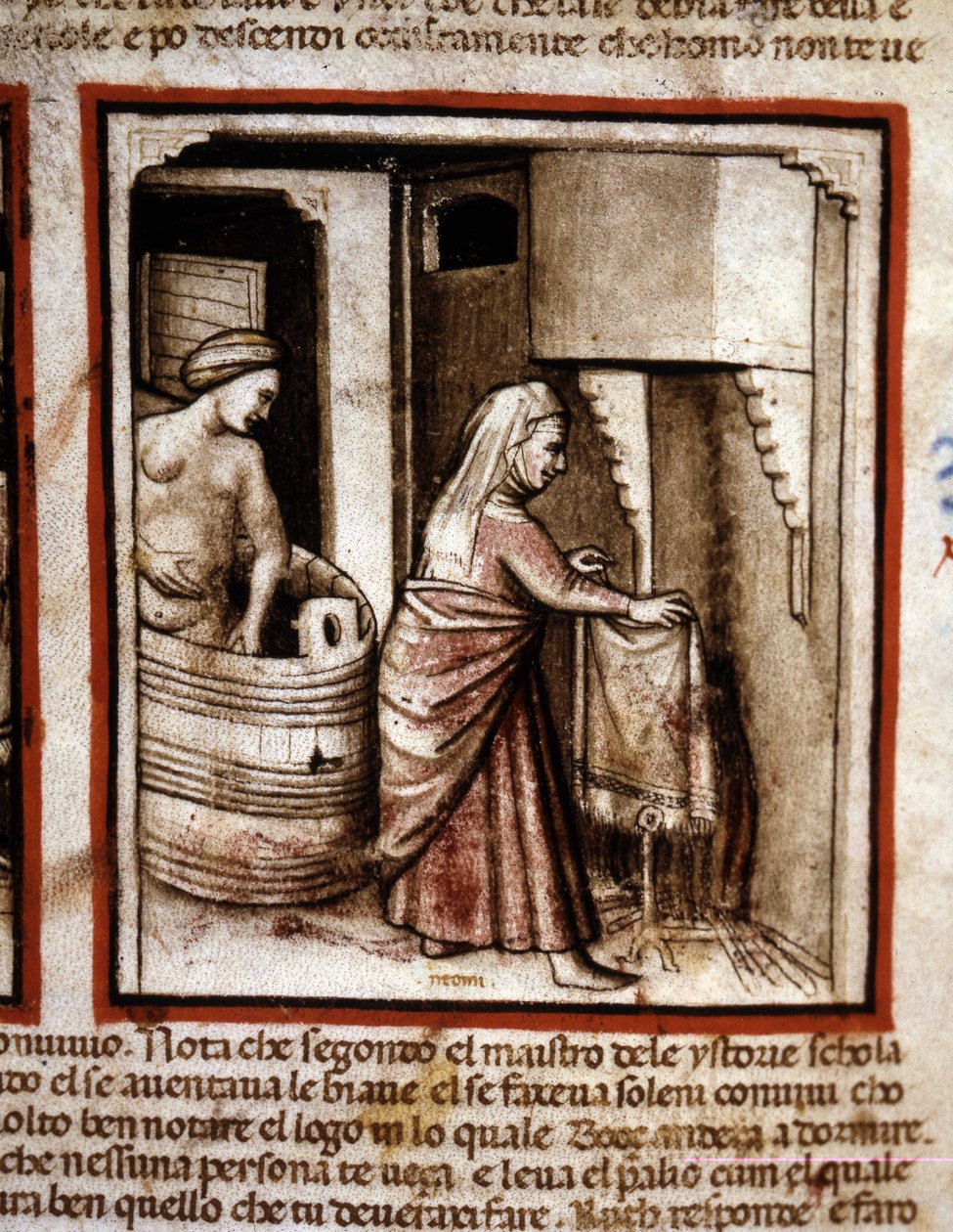 Ruth lager toalettet sitt ved hjelp av svigermor Noemi (Naomi, Noemie) før hun sover i sengen til ektemannen Boaz (Booz). Ruts bok. Miniatyr fra kodeks 212 (eller padovano-kodeks eller Bible of Padua) 1390-1400 Rovigo, Accademia dei Concordi av Unknown artist