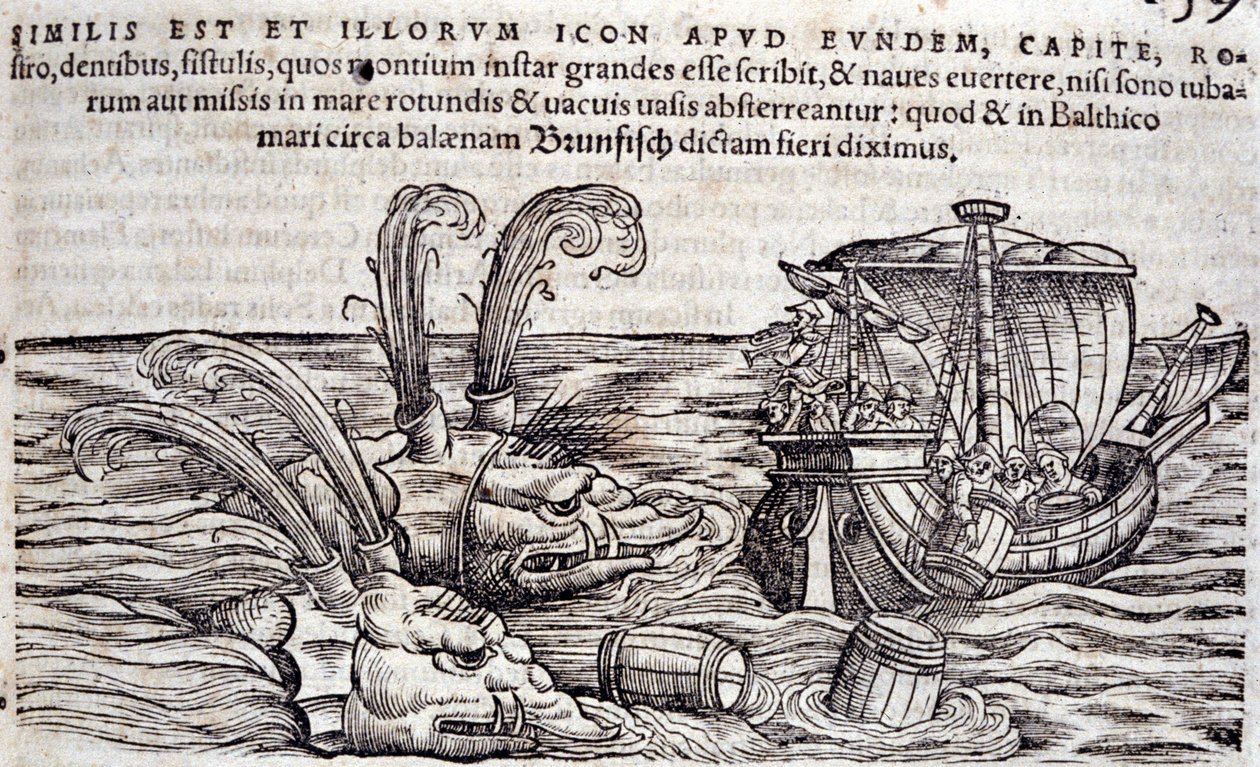 Sjømenn kaster tønner i havet for å distrahere monstre i jakten. Gravering i «Historia Animalium» av Conrad Gesner (1516-1565), Tiguri av Unknown artist