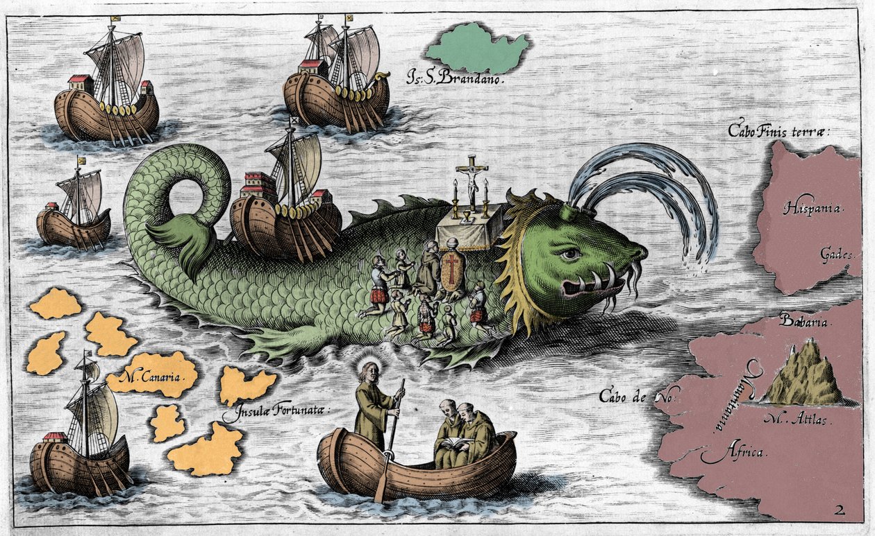Saint Brendan (Brandan), helter og irsk helgen fra 600-tallet, representerer feiringen av messe på ryggen til Giant Whale Jasconius. Legenden sier at båten hans ble båret på ryggen til en hval. Fargerik gravering fra 1600-tallet av Unknown artist
