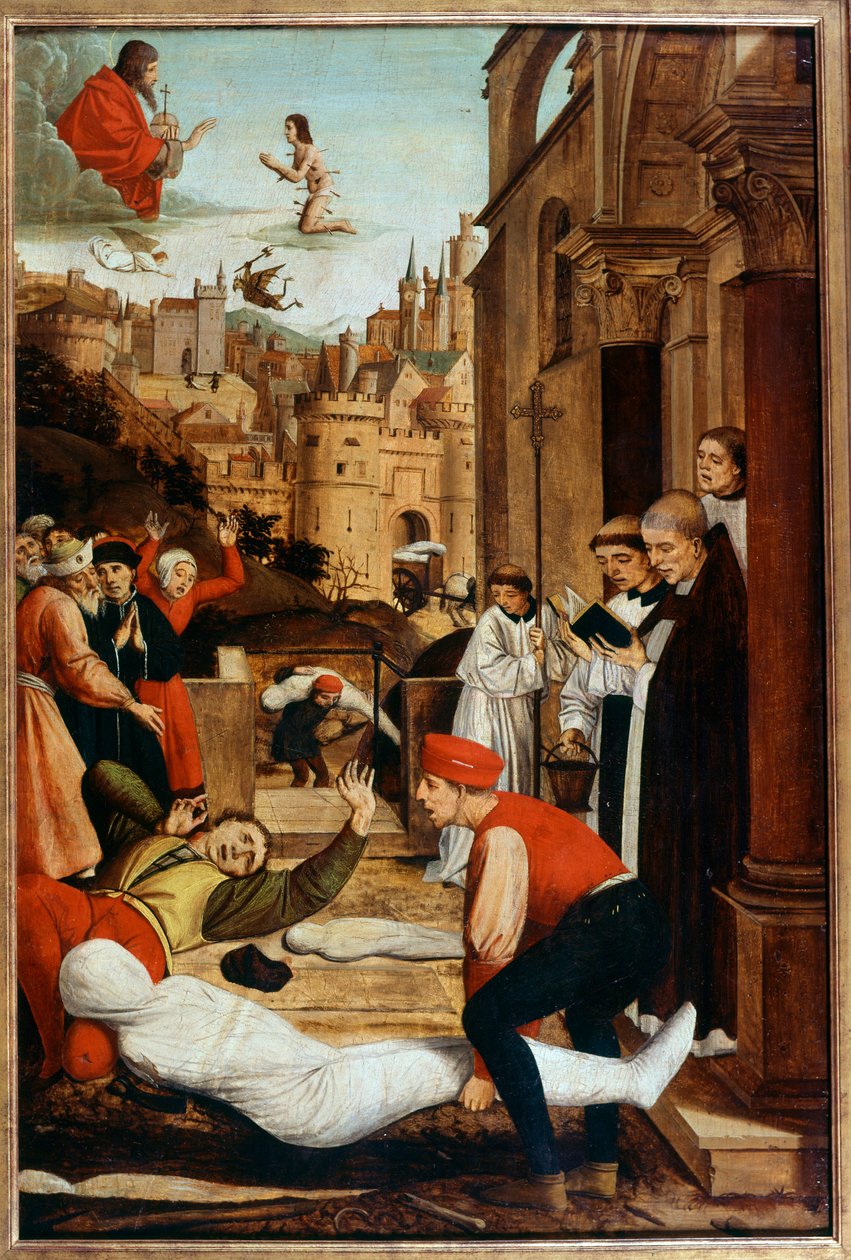 Saint Francois ber under en pestepidemi under begravelsen av døde kropper. Anonymt maleri av Unknown artist