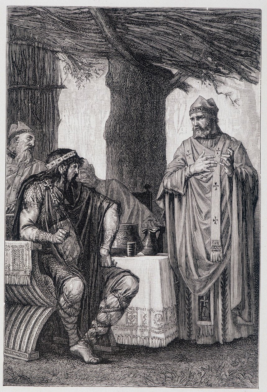 Saint Gregoire of Tours (538-594) mot Chilperic I (539-584) kongen av Neustria. av Unknown artist