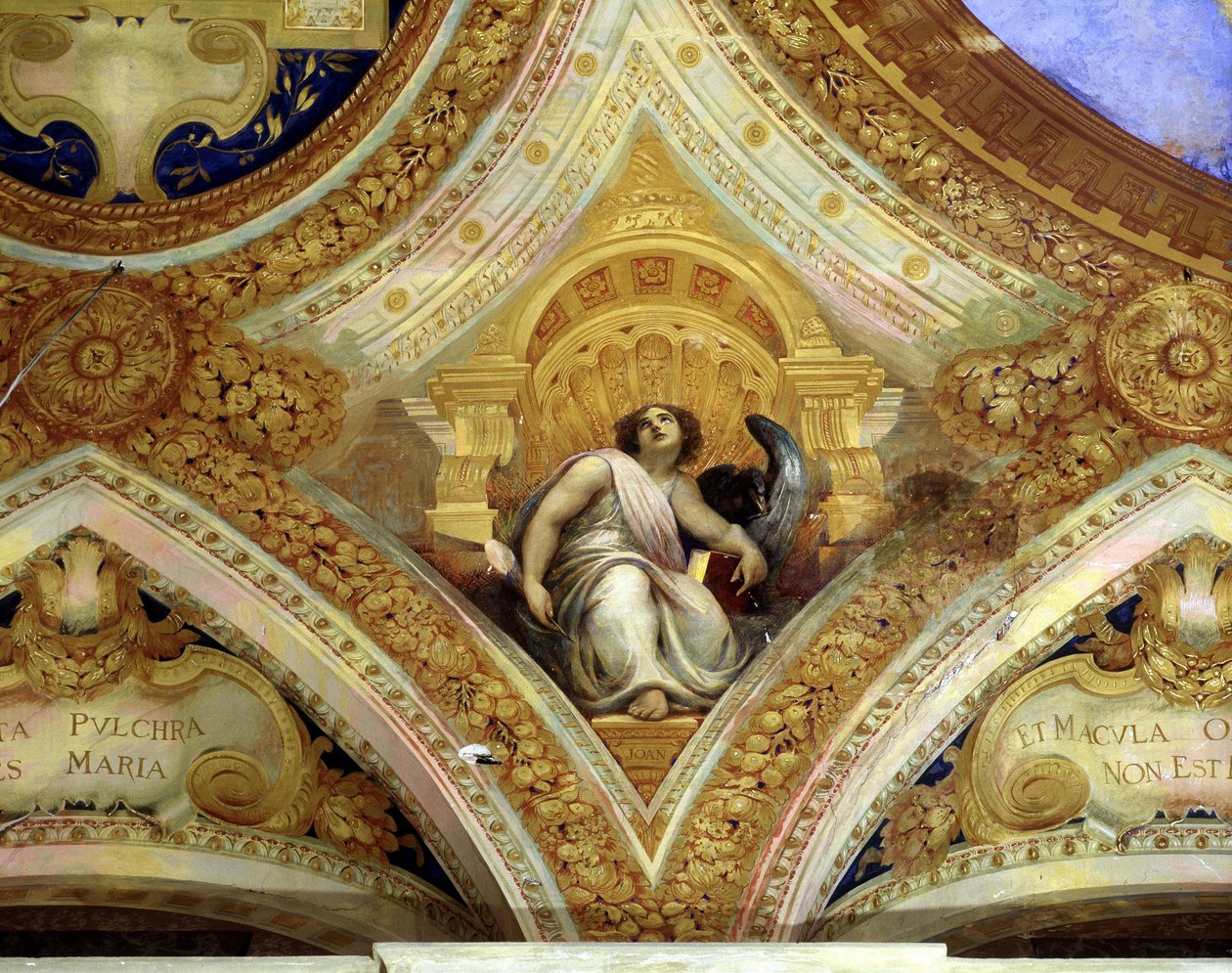 Evangelisten Johannes og ørnen som symboliserer ham. Kapelltak av plettfri design, Menton. av Unknown artist