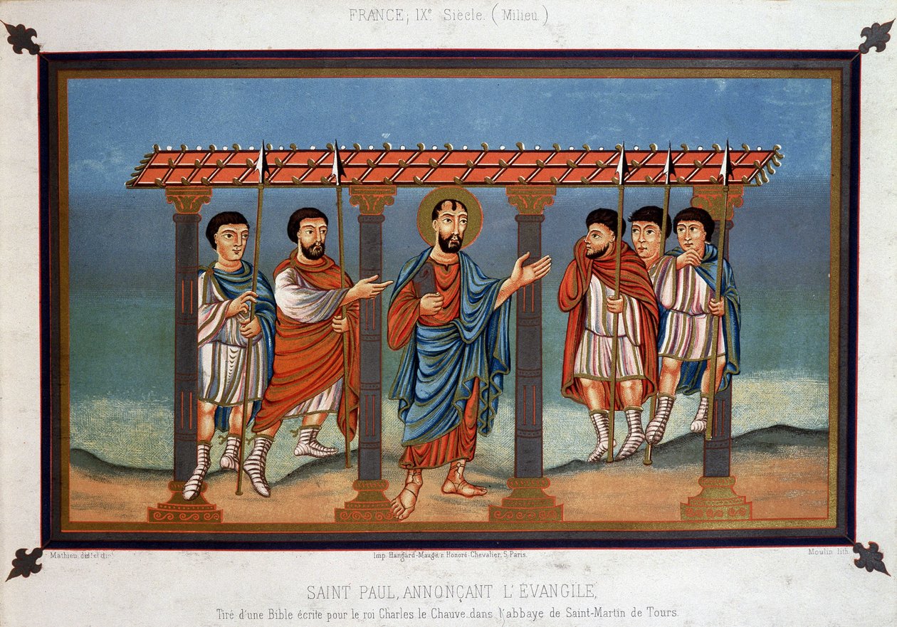 Saint Paul forkynner evangeliet - fra en bibel skrevet for kong Charles den skallede i klosteret Saint Martin of Tours, 900-tallet av Unknown artist