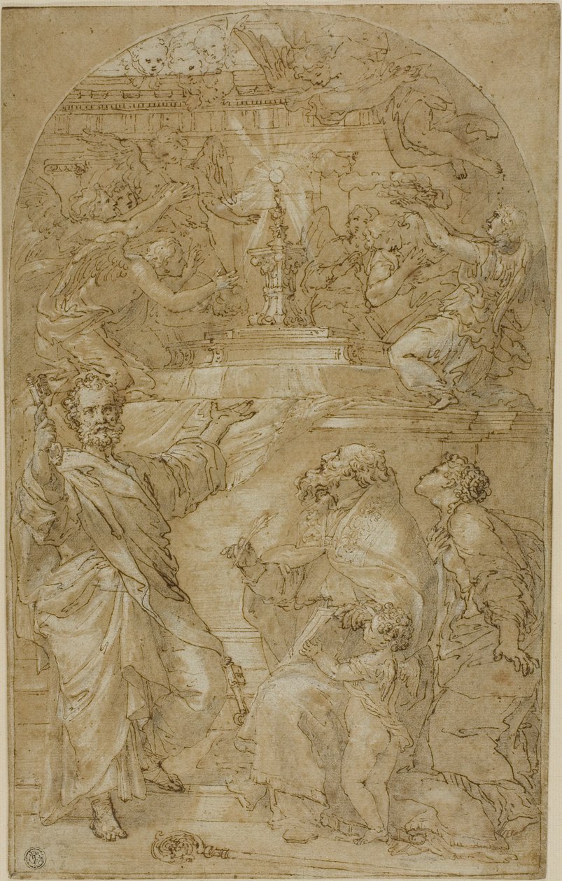 Saint Peter, Saint Augustine og en kvinnelig helgen i tilbedelse av nattverden av Unknown artist