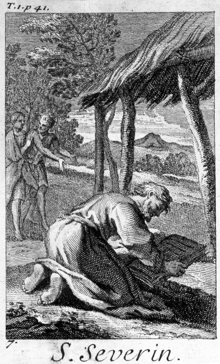 Saint Severin, evangelist for Noric (dagens Østerrike), leser. Gravering fra 1600-tallet. av Unknown artist