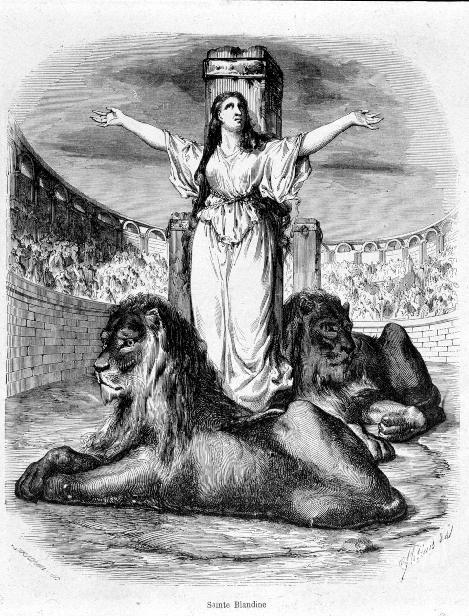 Sainte Blandine på arenaen, løvene som ligger ved føttene hans (kristneforfølgelser i Lyon) - i "Histoire des popes"" av Maurice Lachatre av Unknown artist