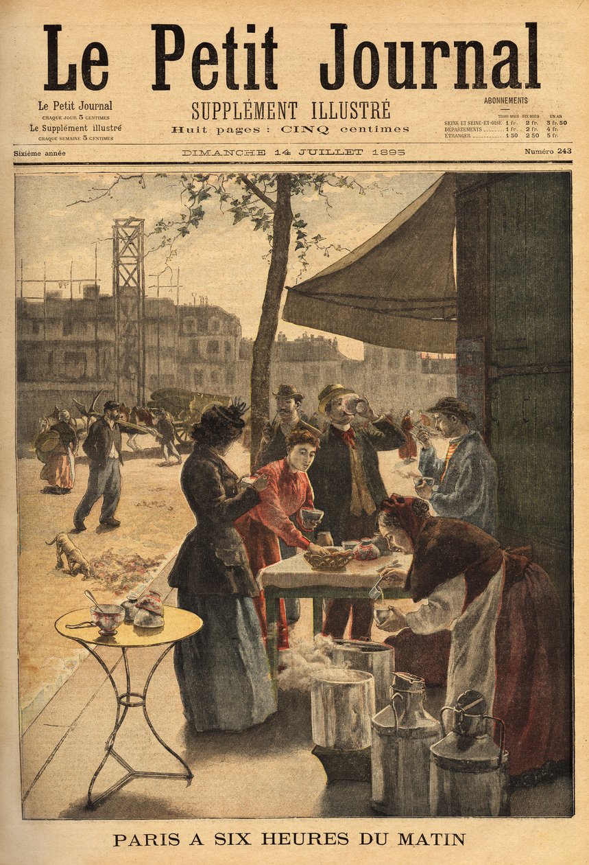 Selger av suppe og melkekaffe, holdt under cocheres-dørene kl. 06.00 for friluftsfrokosten til parisiske arbeidere. Gravering i "" Le petit journal"" 14.07.1895. Selvas samling. av Unknown artist