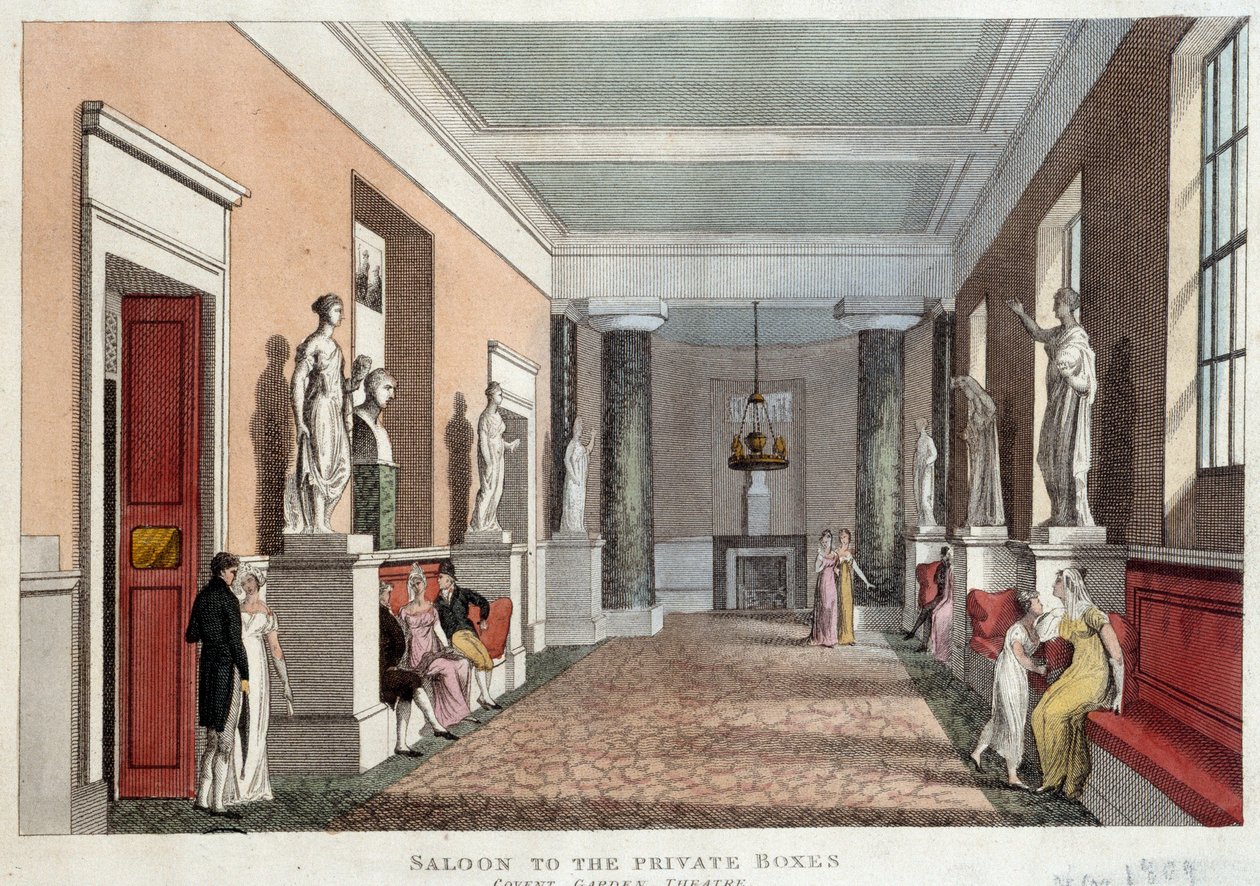 Salong som fører til de private hyttene til teateret i Covent Garden. Gravering fra 1809. Paris, Dekorativ kunst av Unknown artist