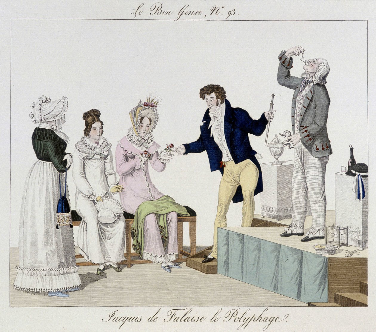 Saltimbanque: Polyfagen Jacques de Falaise (han svelger hva som helst, levende dyr...) - i "" Le bon-sjangeren"", deb. 1800-tallet av Unknown artist