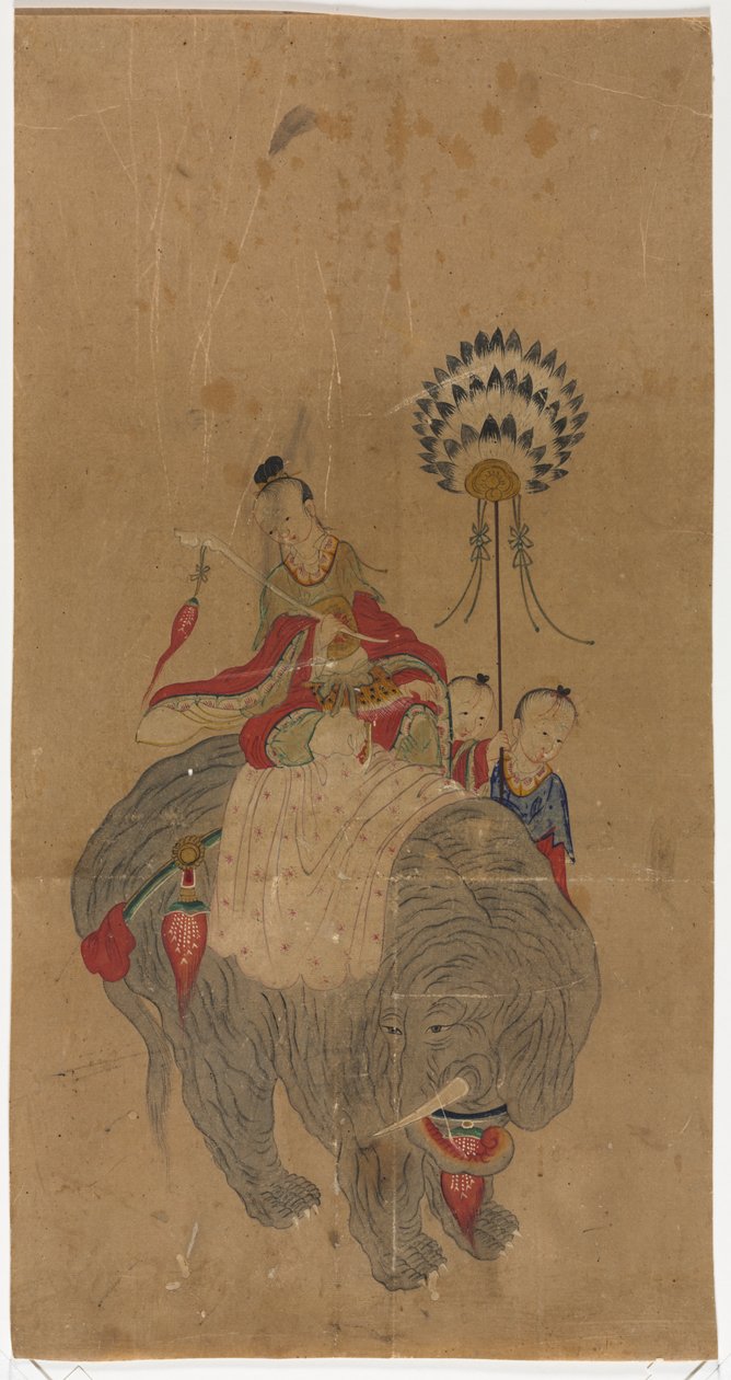 Samantabhadra på en elefant med to ledsagere av Unknown artist