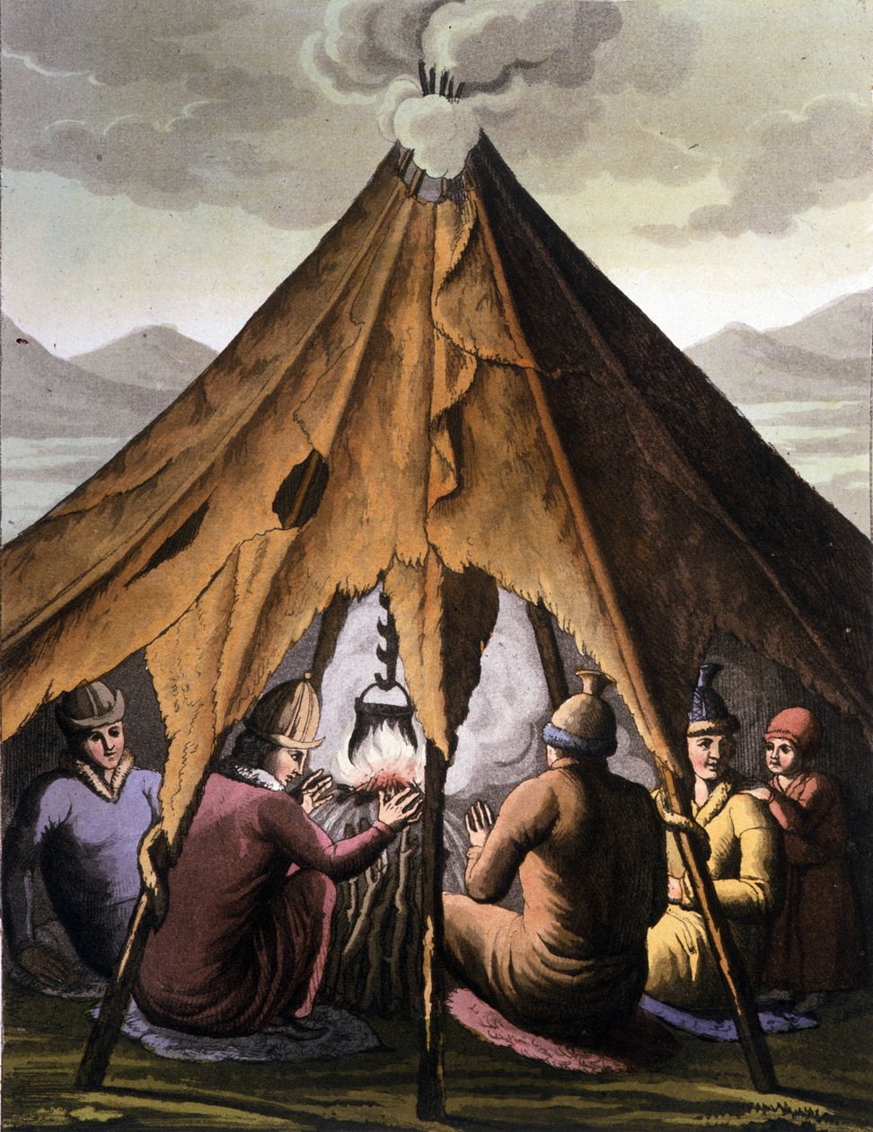 Samer: urfolk som bor i landene i de nordlige landene (Norge, Finland, Sverige og Russland) omgrupperer seg rundt et bål under et telt. Gravering av 1800-tallet av Unknown artist