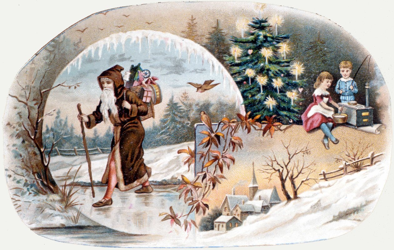 Julenissen kommer med gaver til barna. kromolitografi fra slutten av 1800-tallet. av Unknown artist