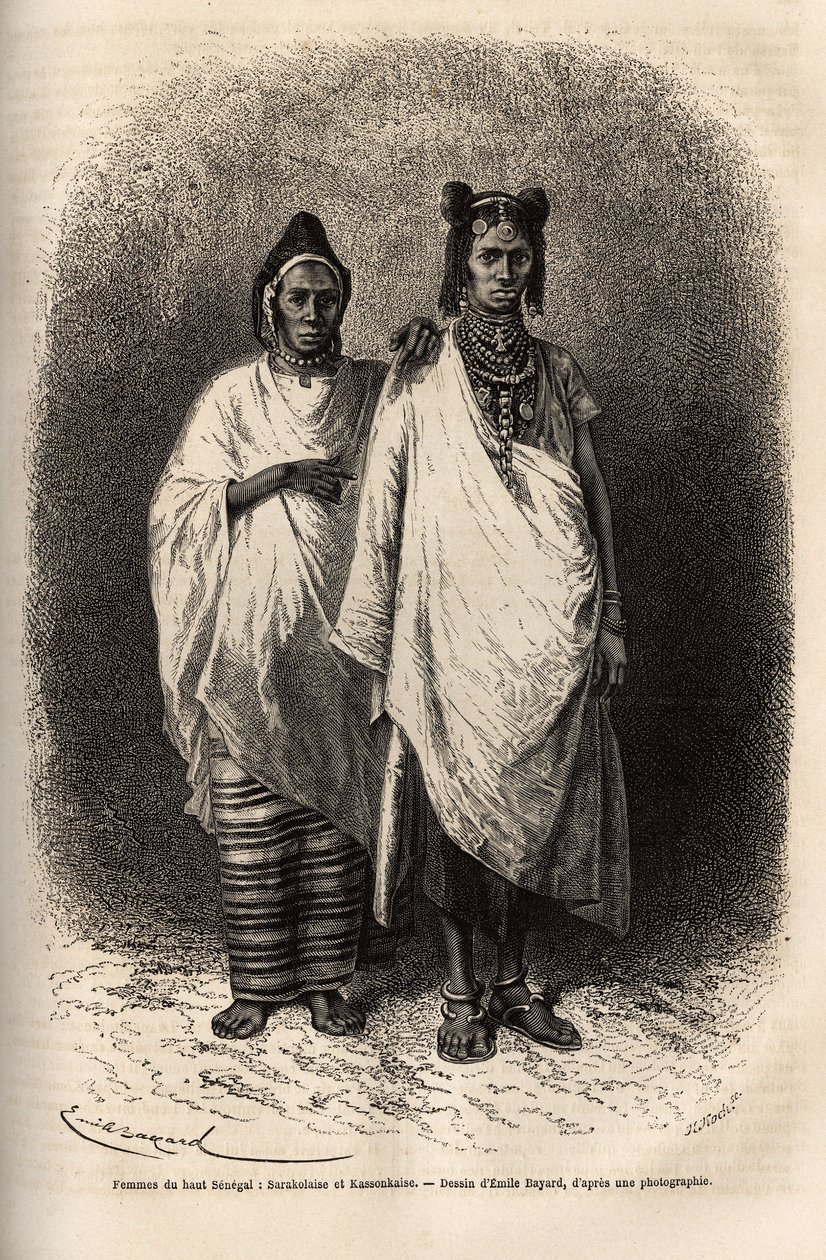 Sarakolese og Kassonkese kvinner, befolkninger i Øvre Senegal, i tradisjonelle klær. Gravering for å illustrere et cruise på kysten av Afrika, av viseadmiral Fleuriot de Langle, i 1868, publisert i "" Le tour du monde""" 1872, redigert av Edouard Charton av Unknown artist